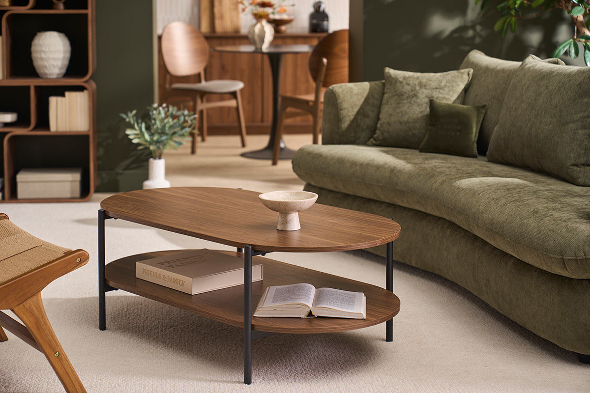 Table basse ovale finition bois fonc� noyer et m�tal L115 cm BRUNA