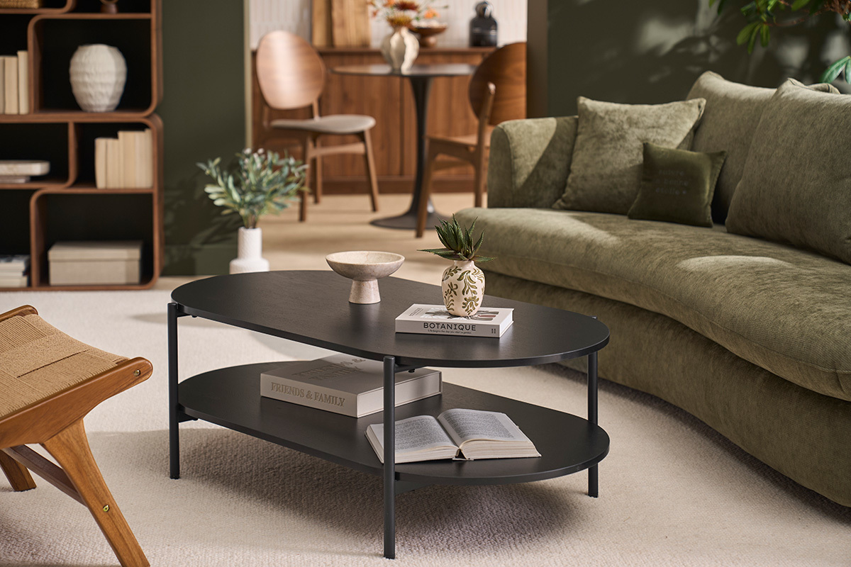 Table basse ovale finition bois noir et m�tal L115 cm BRUNA