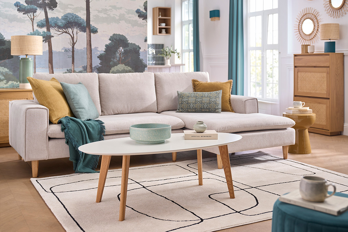 Table basse ovale scandinave blanc et bois clair ch�ne L120 cm EKKA