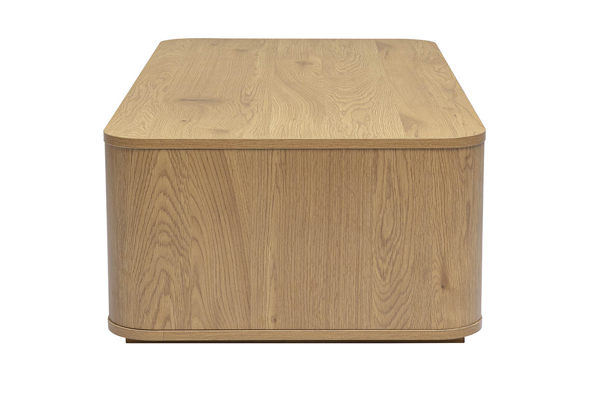 Table basse rectangulaire NEGAN en bois clair ch�ne avec 2 tiroirs, vue de profil.