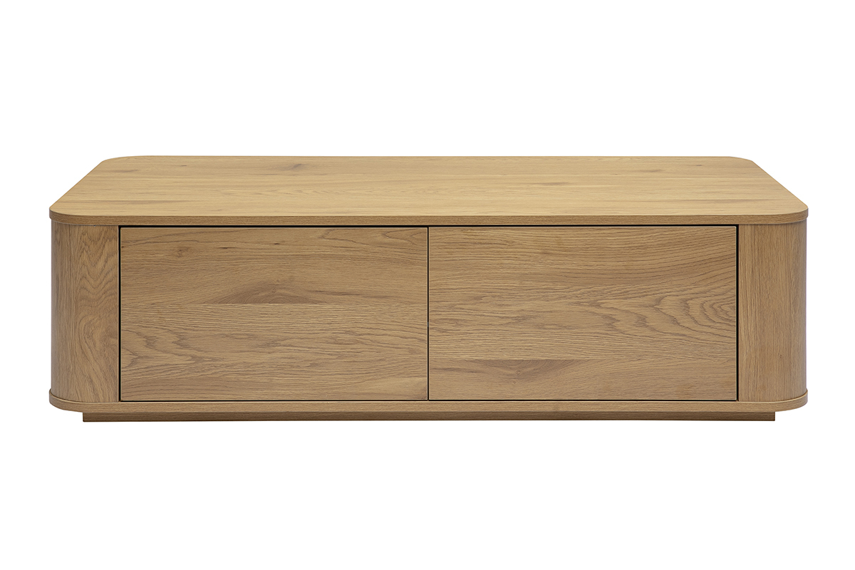 Table basse rectangulaire en bois clair ch�ne avec 2 tiroirs, vue de face.
