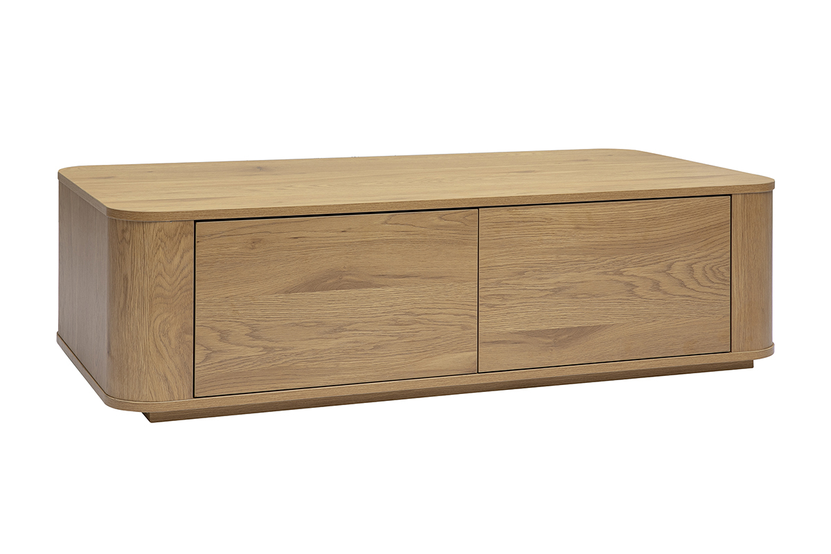 Table basse rectangulaire en bois clair ch�ne avec 2 tiroirs, vue de 3/4