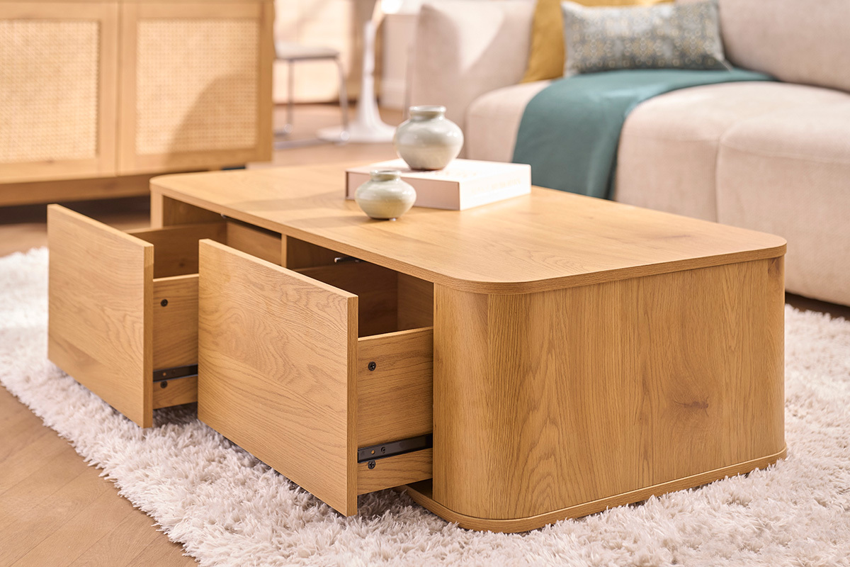 Table basse rectangulaire avec rangement 2 tiroirs finition bois clair ch�ne L120 cm NEGAN