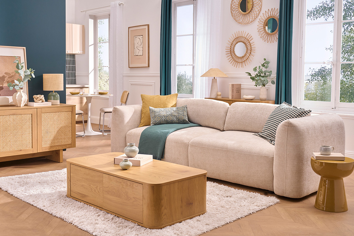 Table basse rectangulaire avec rangement 2 tiroirs finition bois clair ch�ne L120 cm NEGAN