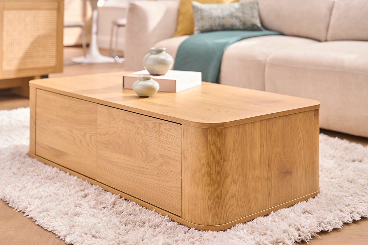 Table basse rectangulaire avec rangement 2 tiroirs finition bois clair ch�ne L120 cm NEGAN