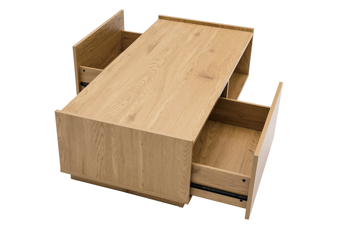 Table basse rectangulaire avec rangements 2 tiroirs finition bois clair ch�ne L120 cm MADERO
