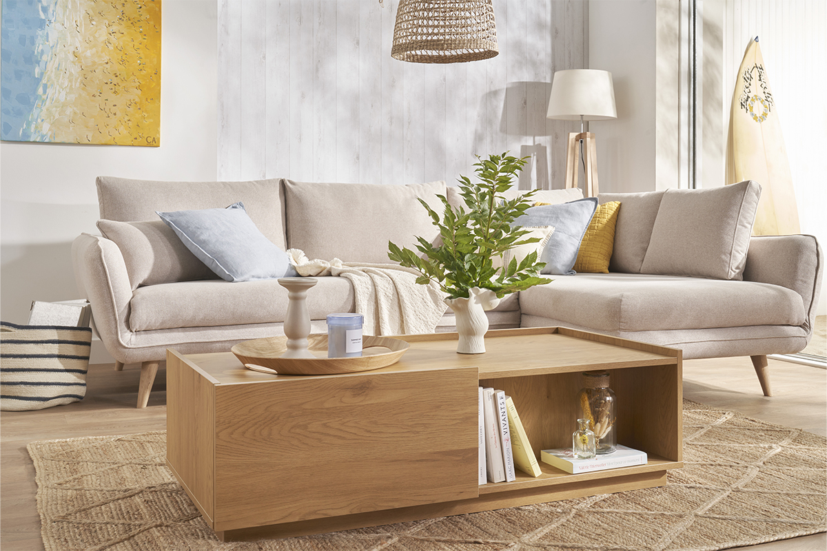 Table basse rectangulaire avec rangements 2 tiroirs finition bois clair ch�ne L120 cm MADERO