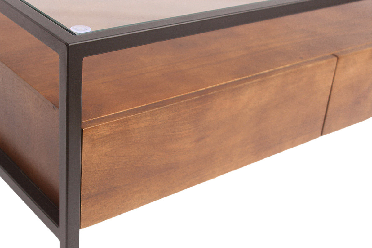 Table basse rectangulaire SITA en bois de manguier massif avec rangements, m�tal noir et verre, vue de pr�s.