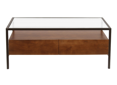 Table basse rectangulaire avec rangements en bois fonc&eacute; manguier massif, verre et m&eacute;tal noir L100 cm SITA