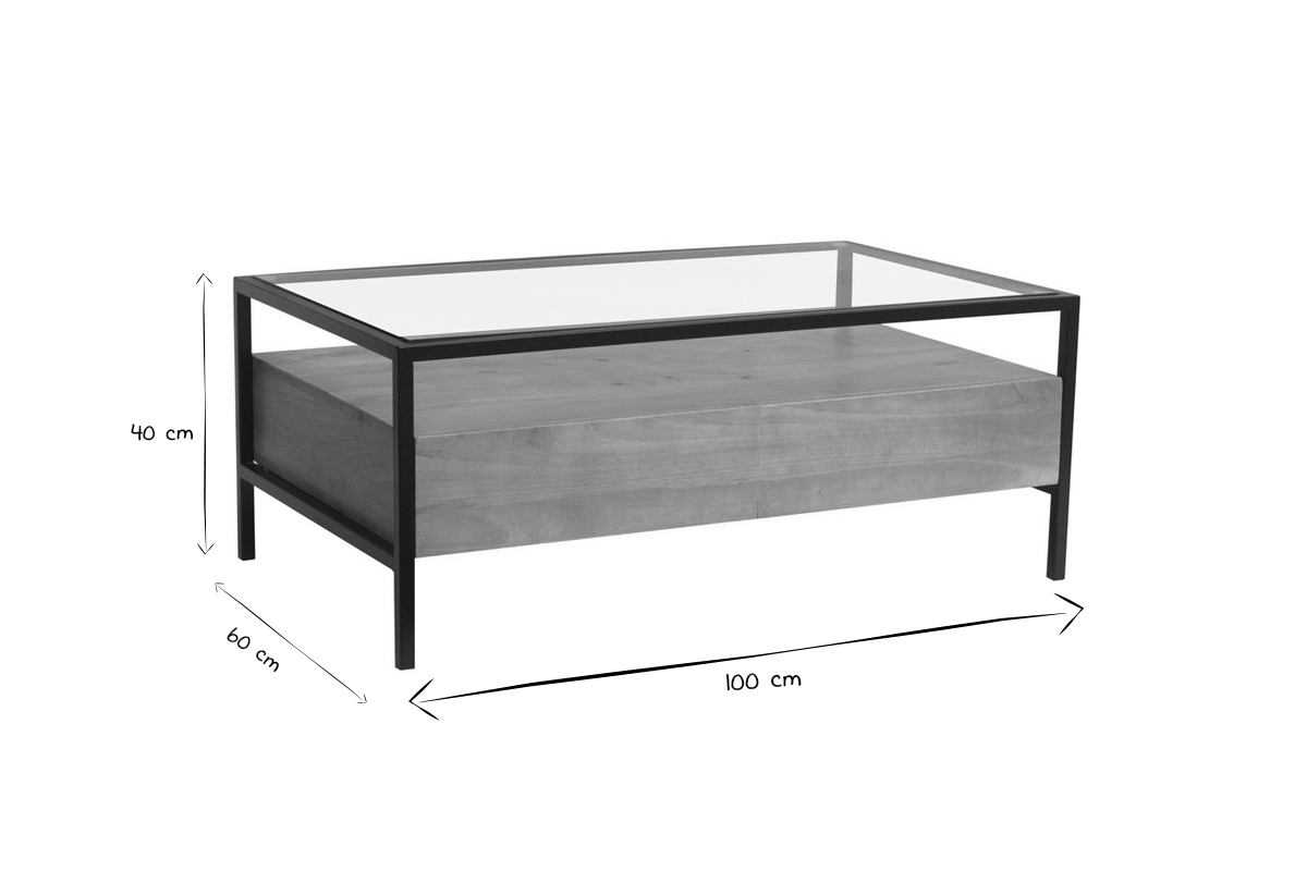 Table basse rectangulaire avec rangements en bois manguier massif, verre et m�tal noir L100 cm SITA