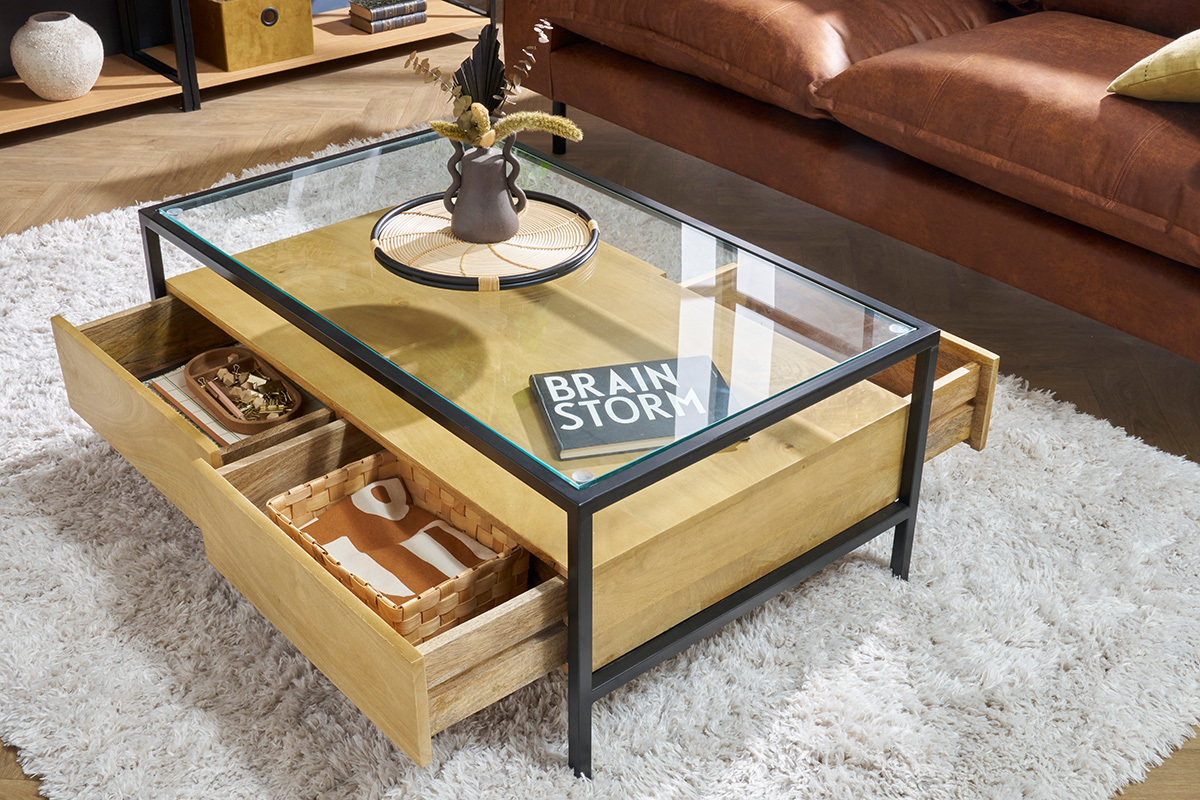 Table basse rectangulaire avec rangements en bois manguier massif, verre et m�tal noir L100 cm SITA