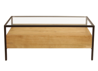Table basse rectangulaire avec rangements en bois manguier massif, verre et m&eacute;tal noir L100 cm SITA