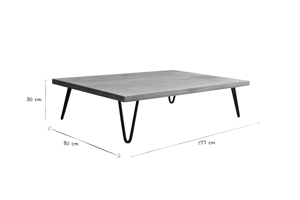 Table basse rectangulaire en noir et blanc avec dimensions 117x80x30 cm.