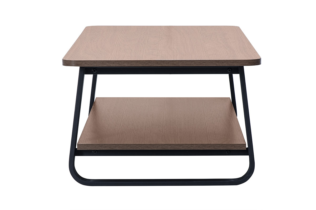 Table basse rectangulaire finition bois noyer avec structure m�tal noir, vue de profil.