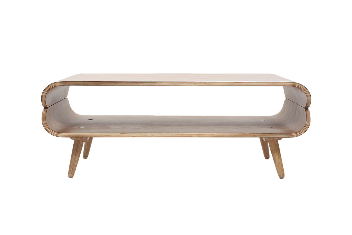 Table basse scandinave bois clair L118 cm TAKLA, vue de face, avec espace de rangement central.