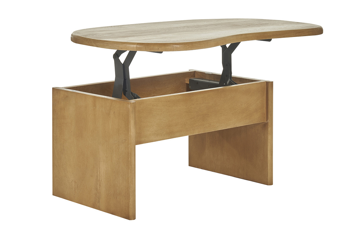 Table basse relevable en bois de manguier massif avec rangement, vue de 3/4.