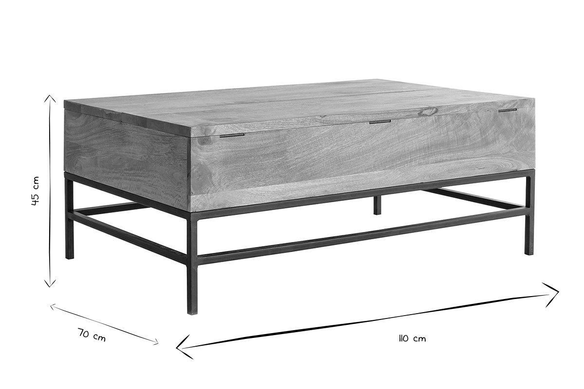 Table basse relevable industrielle bois manguier massif et m�tal noir L110 cm YPSTER
