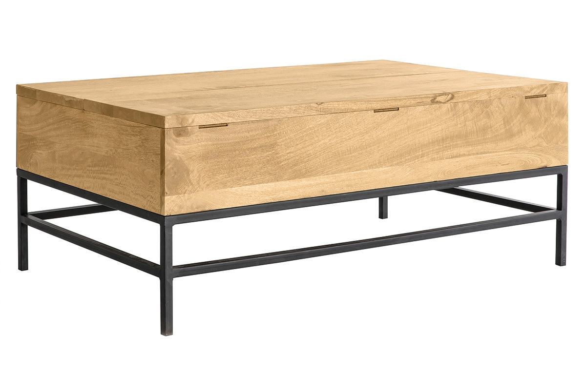 Table basse relevable industrielle bois manguier massif et m�tal noir L110 cm YPSTER