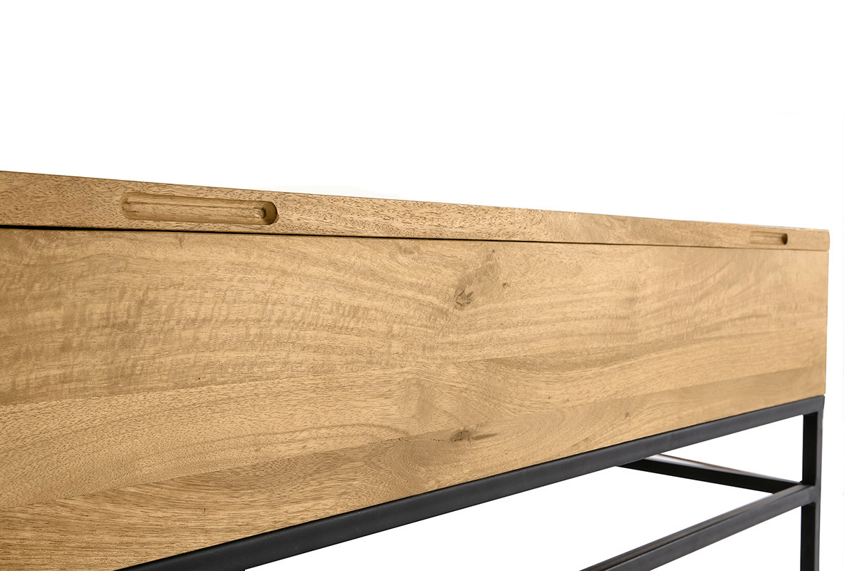 Table basse relevable industrielle bois manguier massif et m�tal noir L110 cm YPSTER
