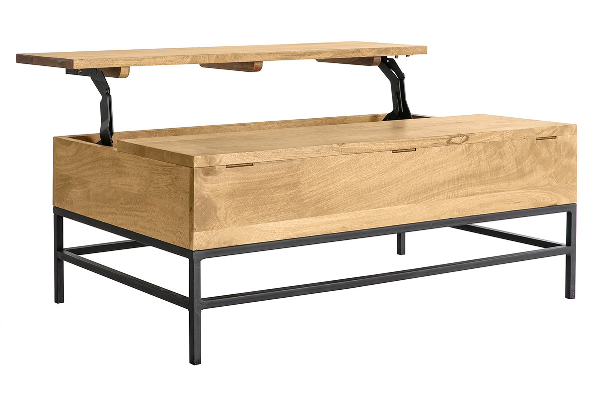 Table basse relevable industrielle bois manguier massif et m�tal noir L110 cm YPSTER