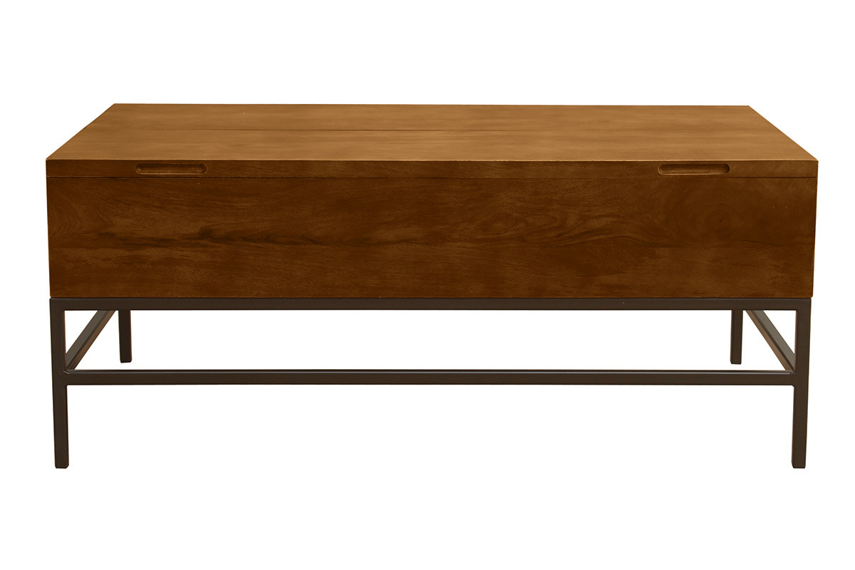 Table basse relevable en bois manguier et m�tal noir, vue de face.