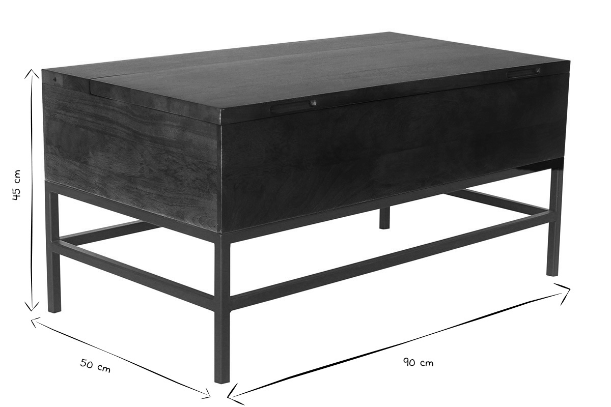 Table basse relevable en bois et m�tal, dimensions L90 x P50 x H45 cm, en noir et blanc, vue en perspective.