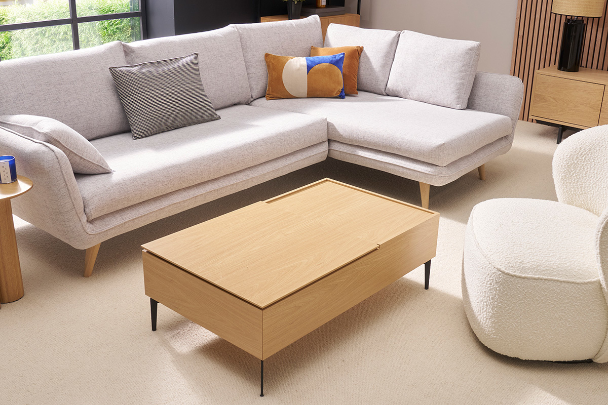 Table basse relevable rectangulaire bois clair finition ch�ne et m�tal noir L103 cm SEDA