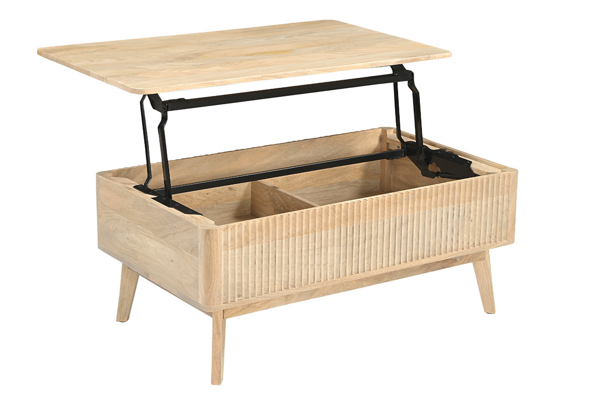 Table basse relevable rectangulaire en bois de manguier massif avec tiroir ouvert, vue de c�t�.