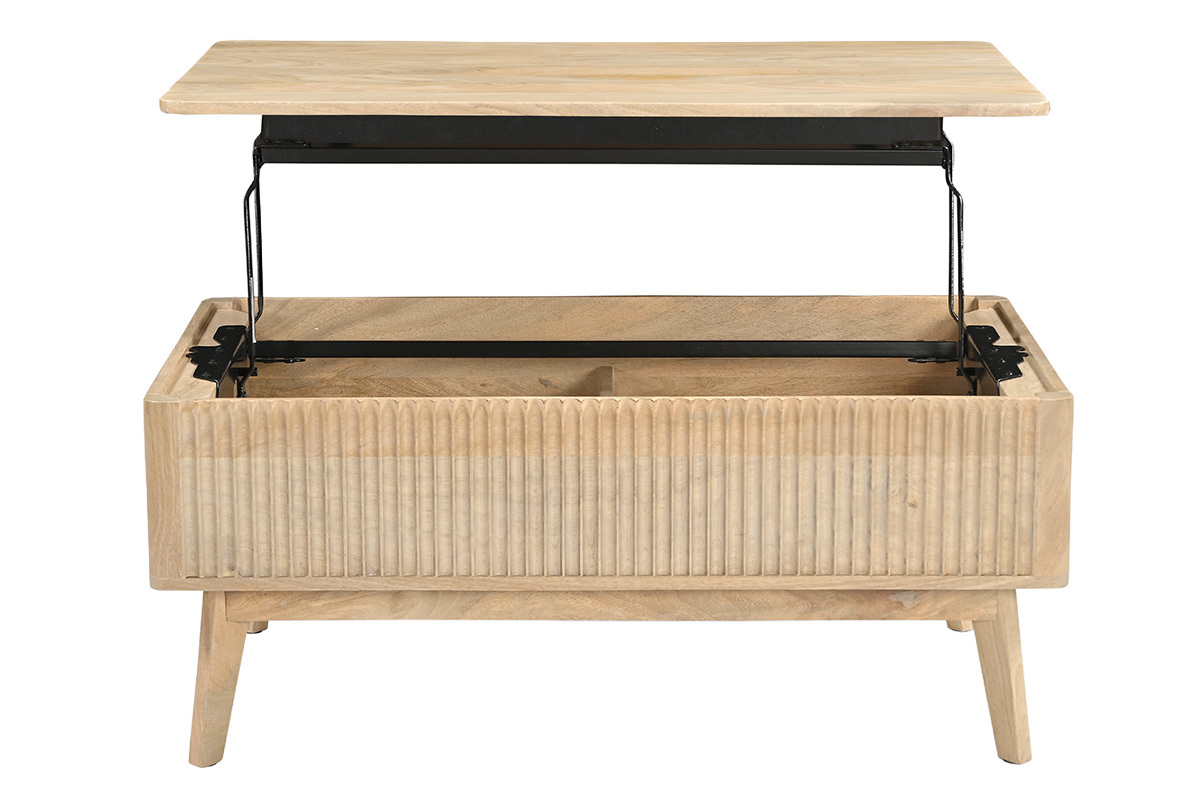 Table basse relevable rectangulaire en bois manguier massif, vue de face avec le plateau ouvert.