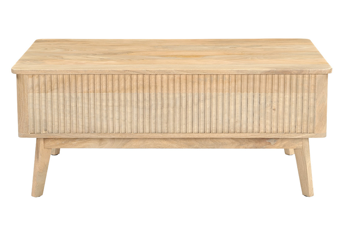 Table basse relevable rectangulaire en bois manguier massif, vue de face, design contemporain.