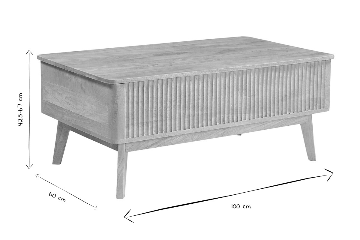 Dimensions de la table basse relevable ALDA en noir et blanc : L100 x P60 x H42,5 � 67 cm