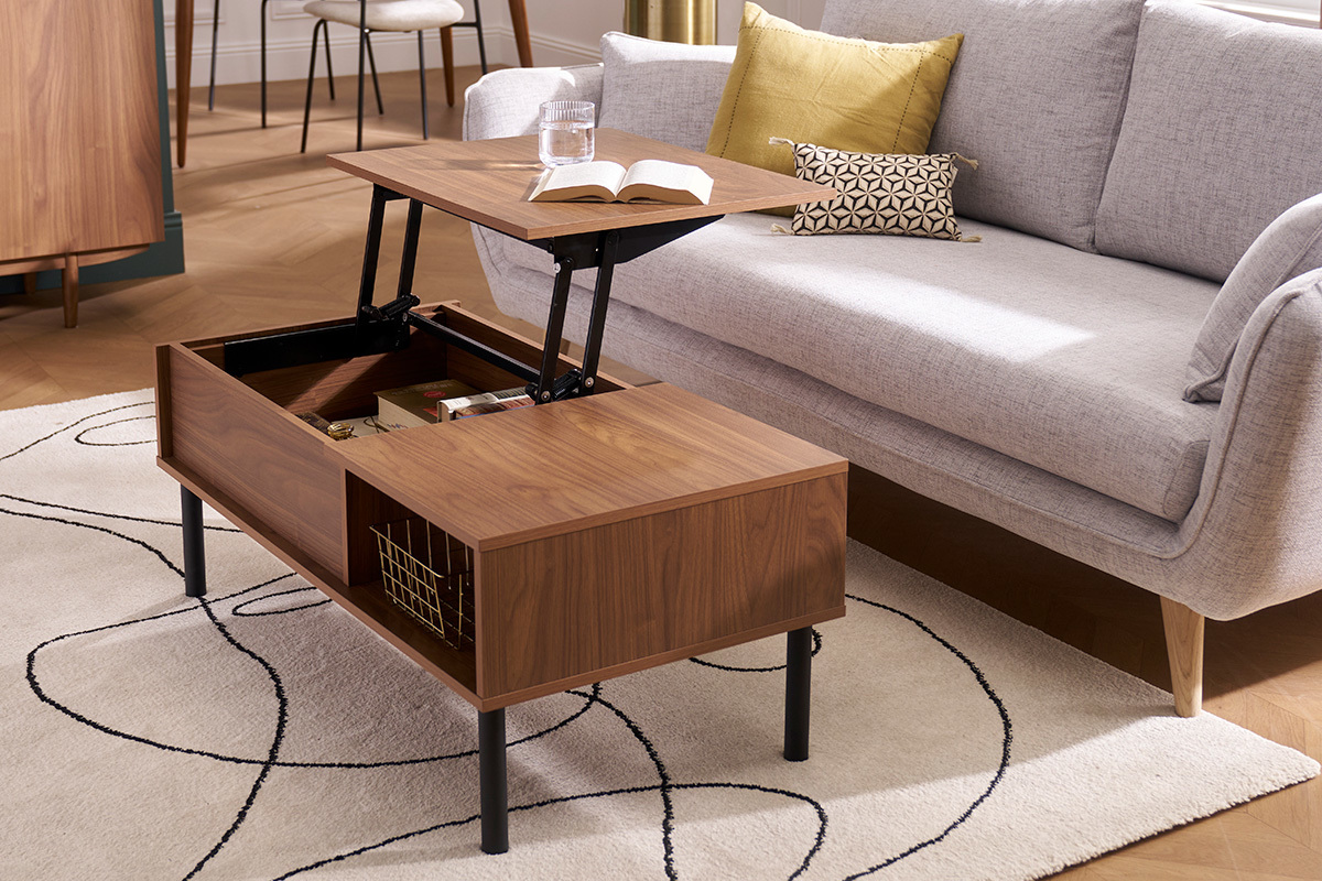 Table basse relevable en bois fonc� et m�tal noir, plateau ouvert, vue d'int�rieur.