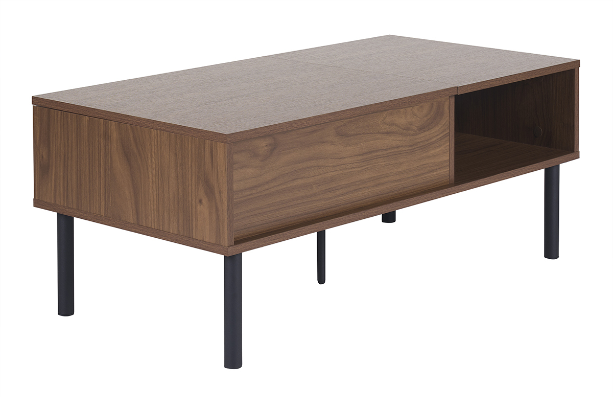 Table basse rectangulaire bois fonc� noyer et m�tal noir, vue de profil avec niche ouverte.