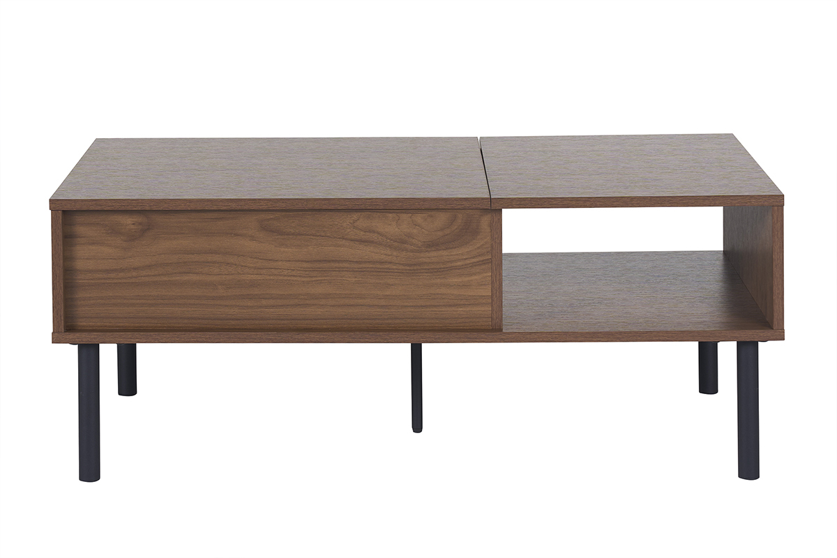 Table basse rectangulaire bois fonc� noyer et m�tal noir avec niche ouverte, vue de face.