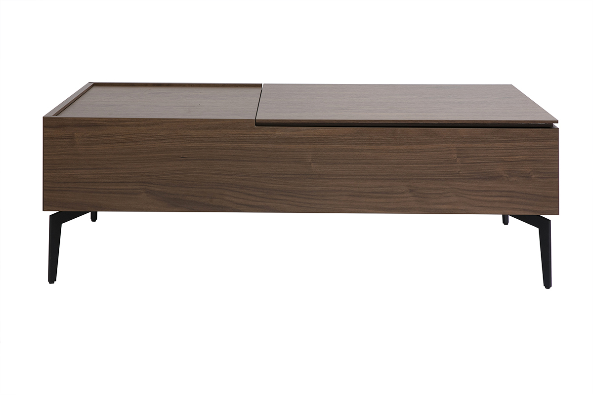 Table basse rectangulaire bois fonc�, finition noyer, m�tal noir, vue de face.