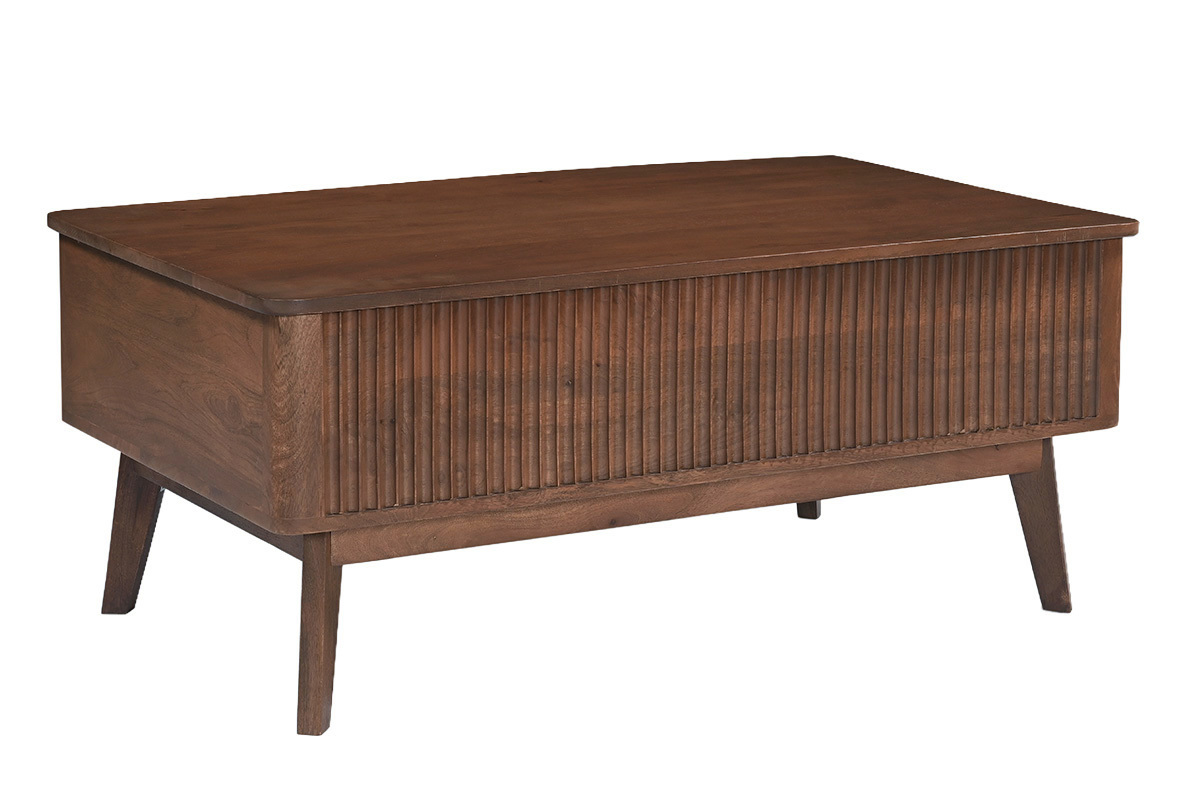 Table basse relevable rectangulaire en bois fonc� manguier massif, vue de 3/4.