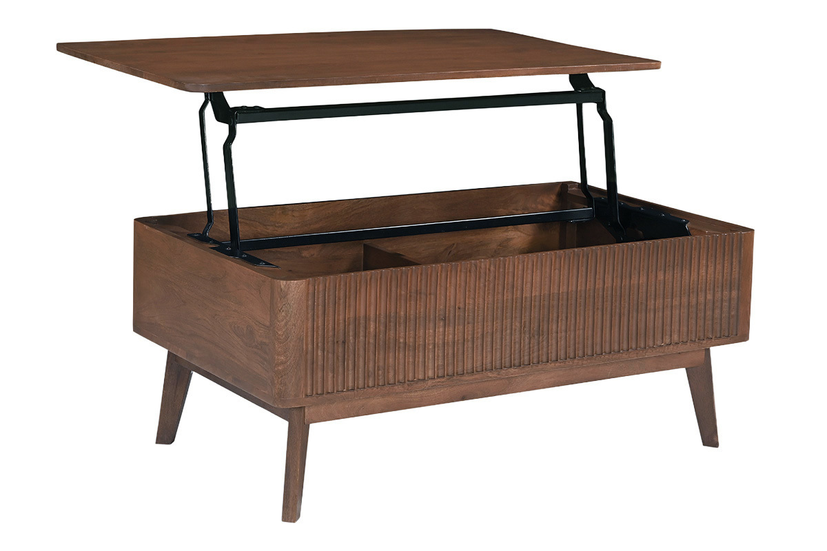 Table basse relevable rectangulaire en bois fonc�, vue de trois quarts, avec plateau ouvert et espace de rangement.
