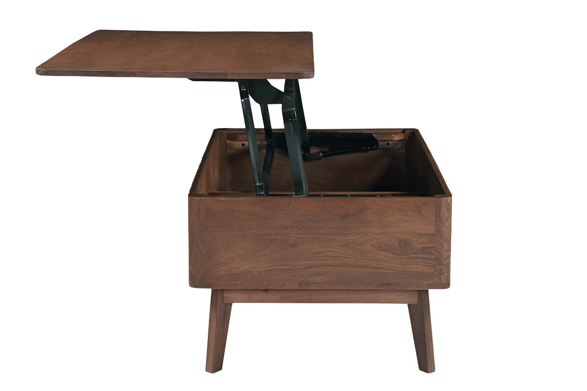 Table basse relevable rectangulaire en bois fonc�, vue de c�t� avec plateau ouvert.