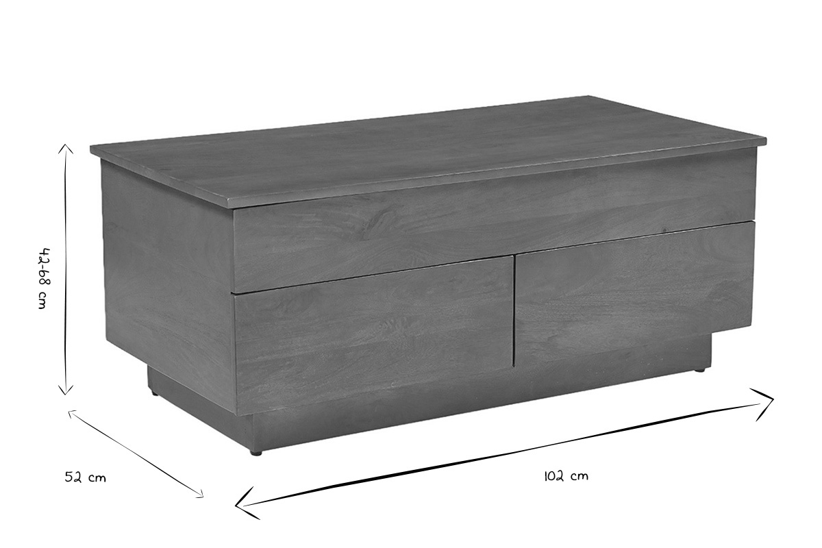 Table basse relevable NEXO dimensions en noir et blanc : 42-68 cm de hauteur, 52 cm de profondeur, 102 cm de largeur.