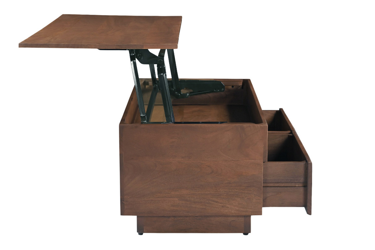 Table basse relevable en bois fonc�, vue de c�t� avec plateau relev� et tiroirs ouverts.