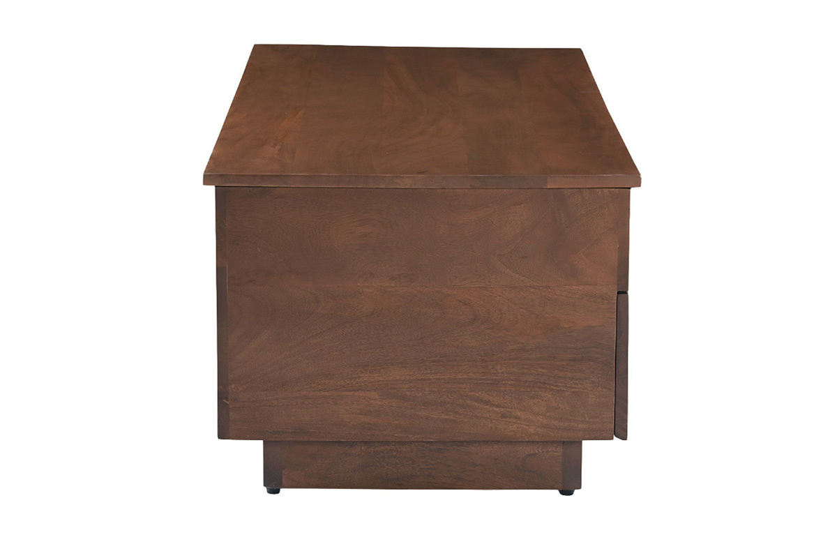 Table basse relevable rectangulaire en bois fonc� de manguier, vue de profil, L102 cm.