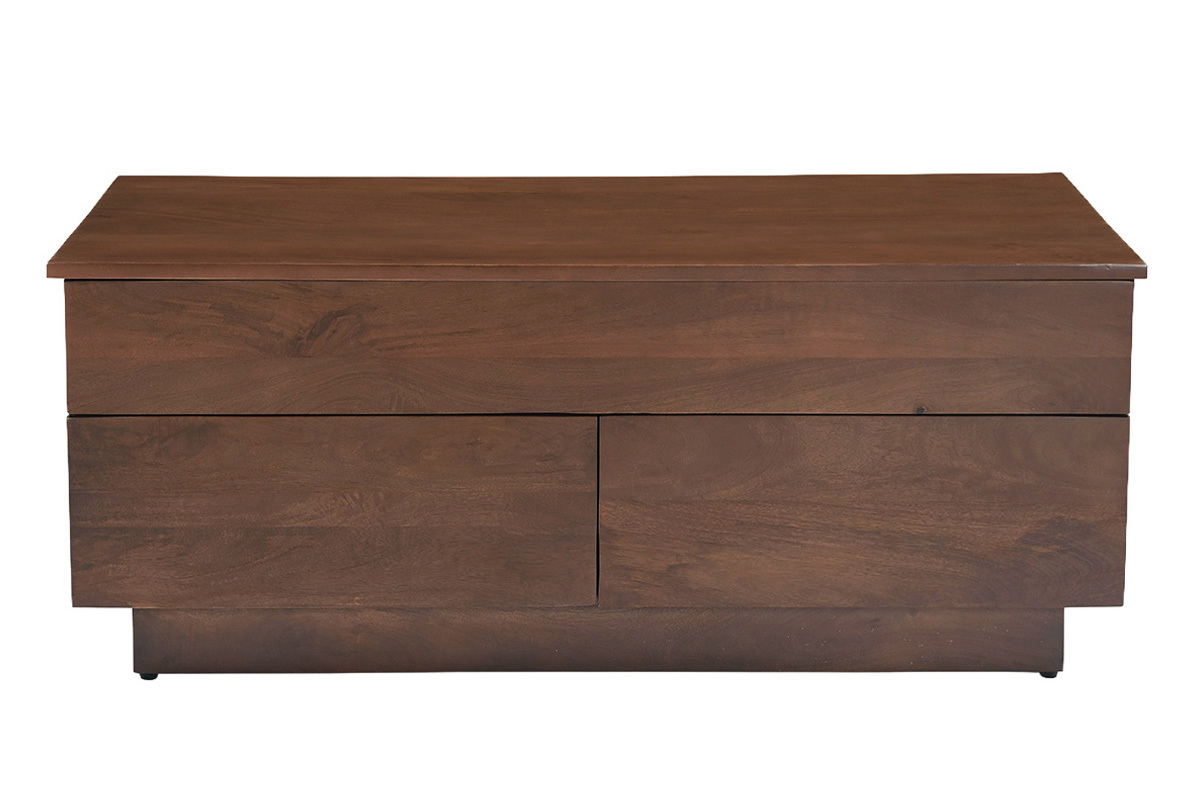 Table basse relevable rectangulaire en bois fonc� manguier massif, vue de face.