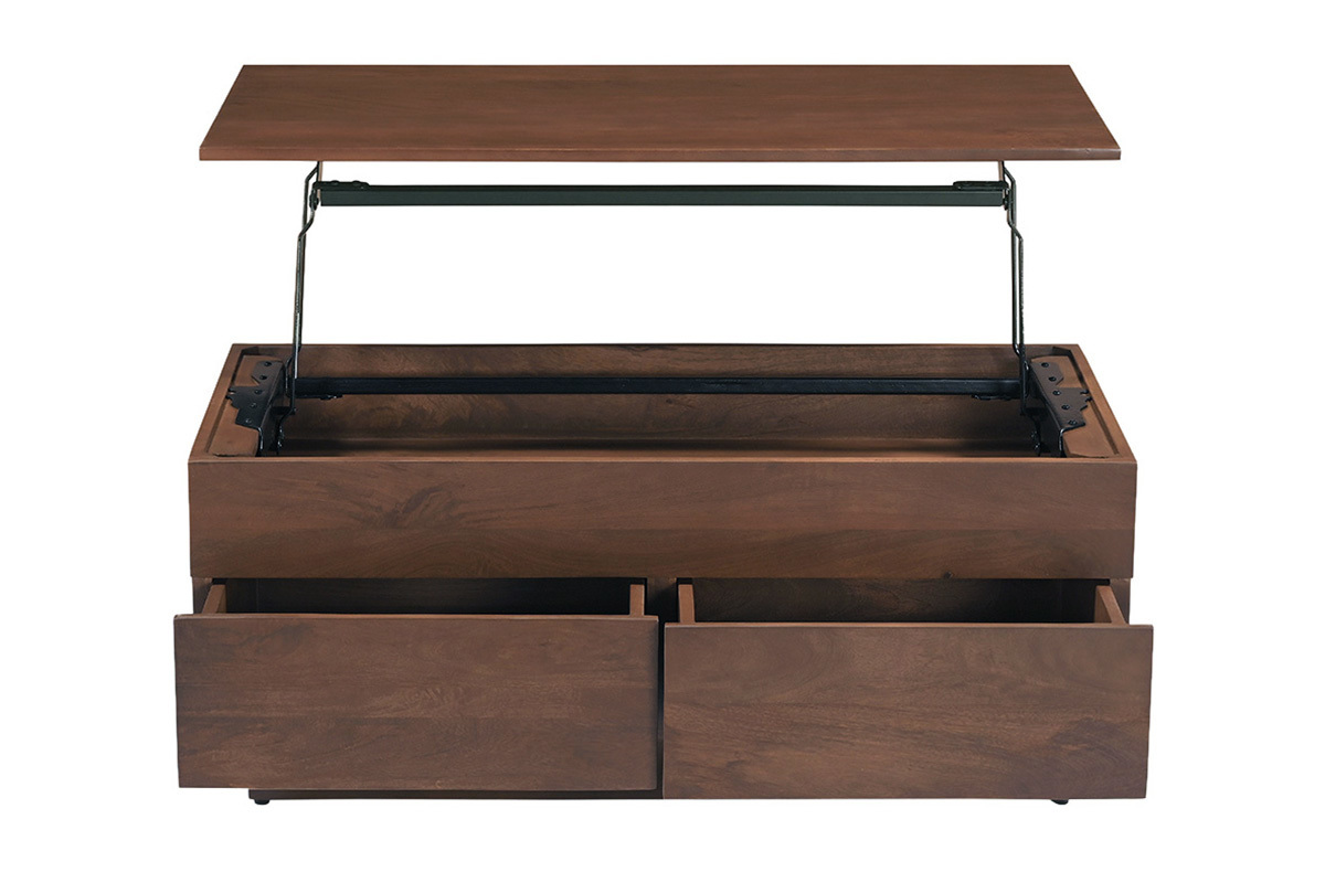 Table basse relevable rectangulaire en manguier massif fonc� avec tiroirs ouverts
