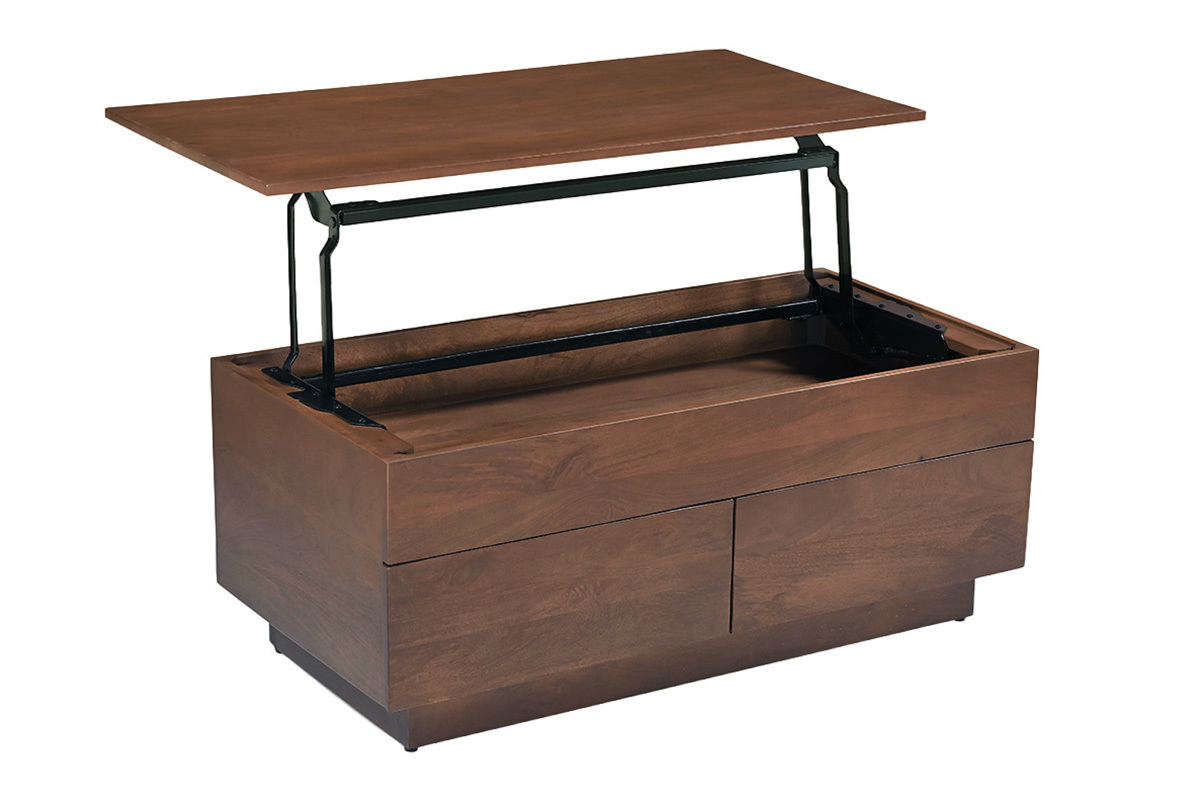 Table basse relevable rectangulaire en manguier massif fonc� avec plateau ouvert, vue de trois quarts