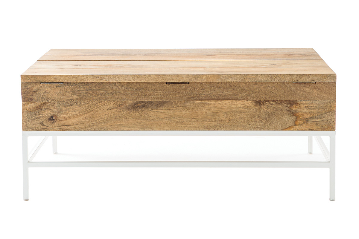 Table basse relevable rectangulaire en bois manguier et m�tal blanc, vue de face.