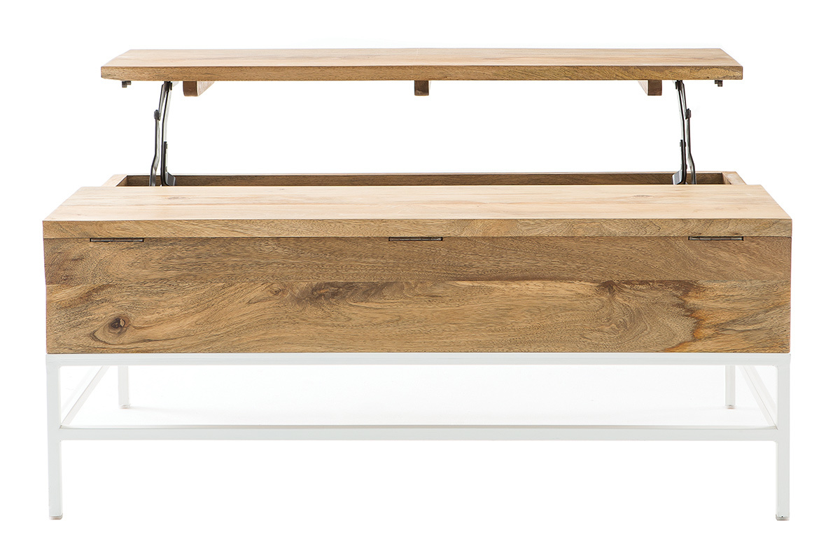 Table basse relevable rectangulaire en bois manguier et m�tal blanc, vue de face avec plateau ouvert.