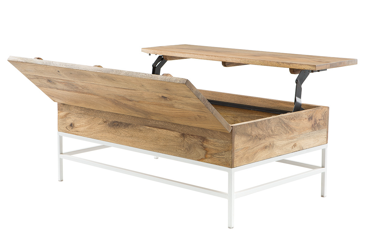 Table basse relevable rectangulaire en bois de manguier massif et m�tal blanc, vue de 3/4, avec plateau ouvert.
