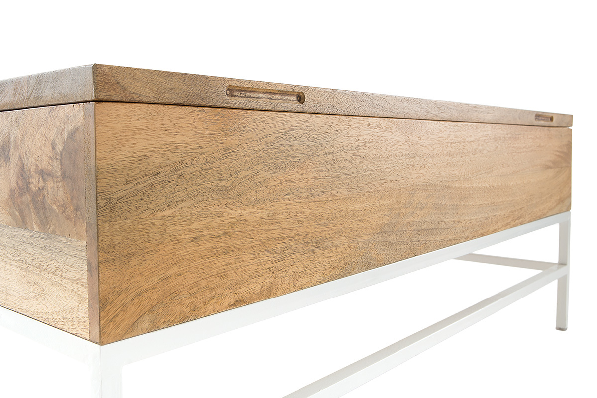 Table basse relevable rectangulaire en bois manguier massif et m�tal blanc, vue de c�t�.