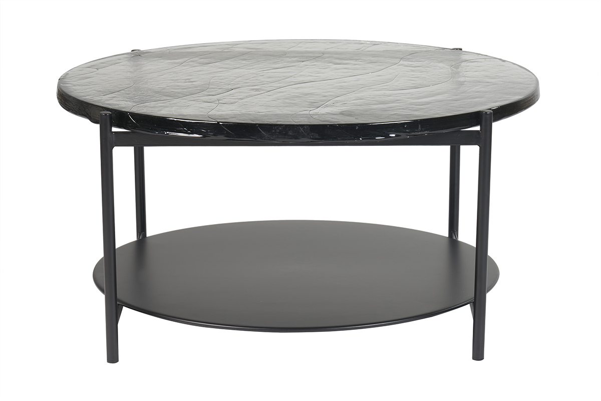 Table basse ronde avec double plateau en verre recycl� et m�tal noir D85 cm WELLE