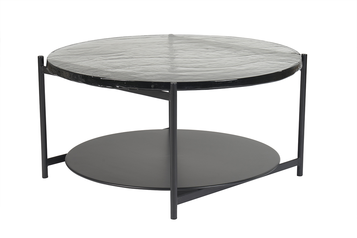 Table basse ronde avec double plateau en verre recycl� et m�tal noir D85 cm WELLE